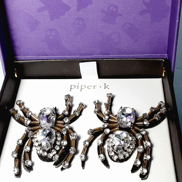 NEW Piper K Crystal Stone Black Large Spider Earrings Spooky Halloween In Box - Picture 1 of 10